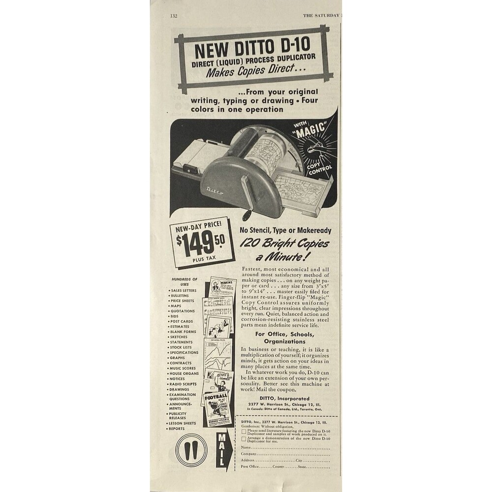 Ditto Inc. Direct (Liquid) Process Duplicator "Copies in Minutes" Print Ad 1954